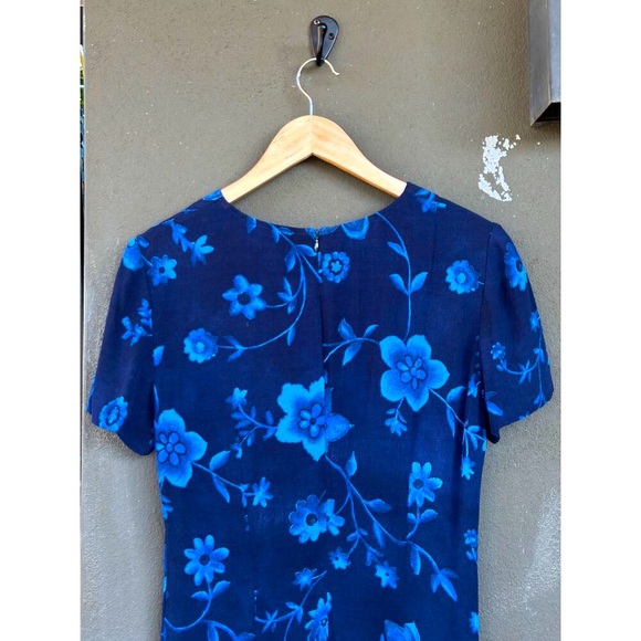 Vintage 90s DONNA RICCO Size 4 Navy Blue Floral Short Sleeve Back Zip Midi Dress - Picture 6 of 9